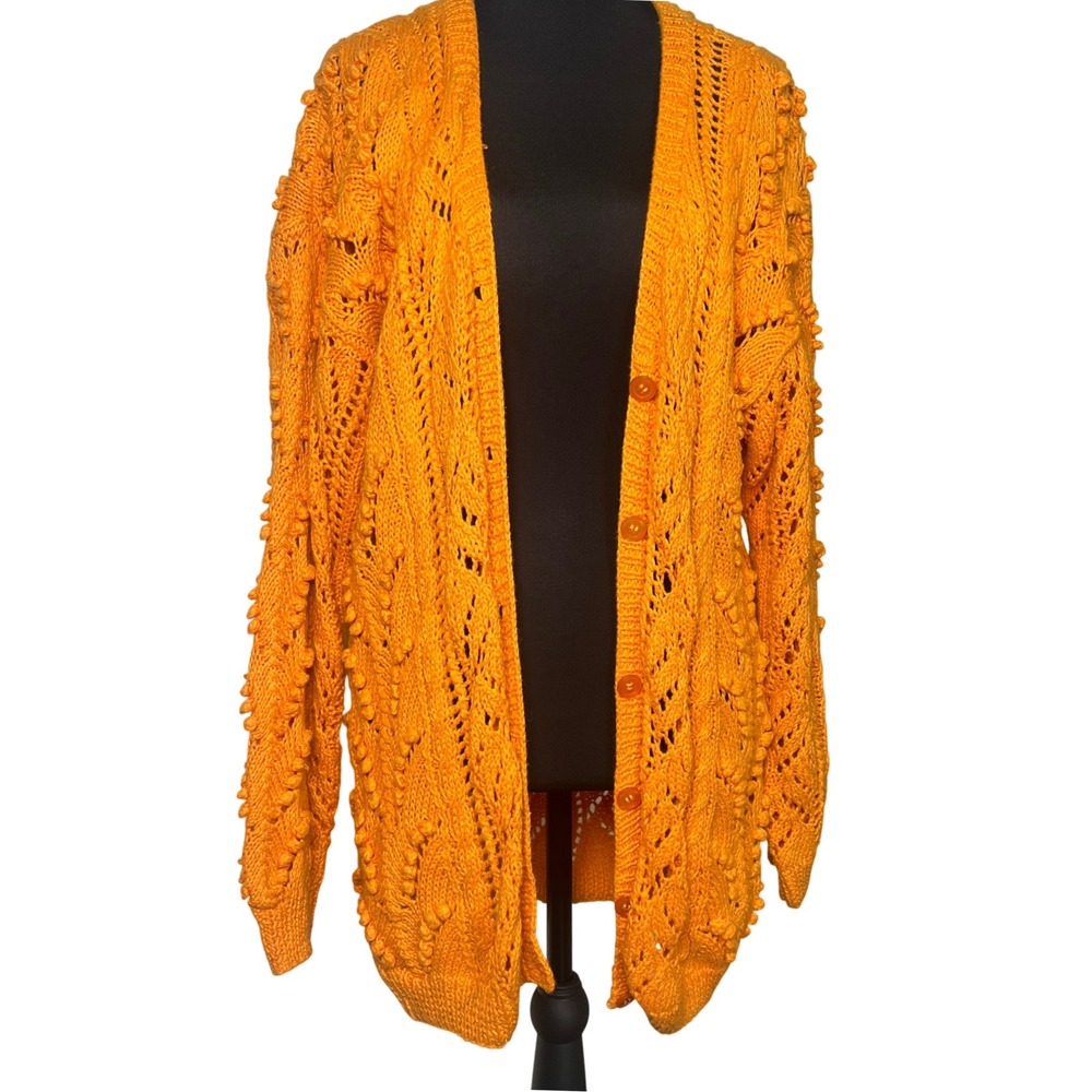 VTG Needleworks 90's Small Hand Knitted Crochet Cardigan Sweater 3D Knit‎ Orange